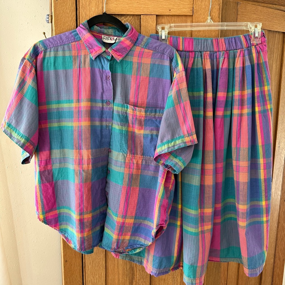 Vintage Plaid Colorful Blouse & Skirt Set, size Large